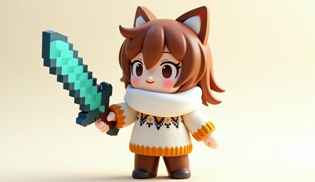 The chibi anime character is wearing a white scarf.、Wearing a white and brown sweater、I&#39;m using a diamond sword from Minecraft。