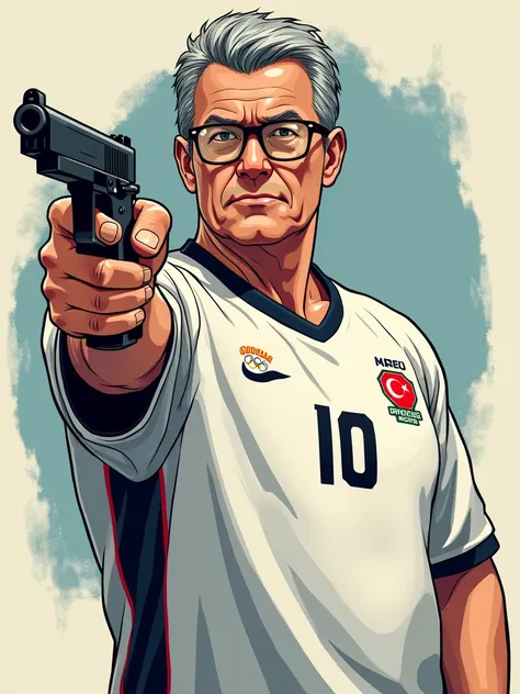 “Vector t-shirt design in manga style featuring a middle-aged man, approximately 50 years old, with gray hair, in a target shooting pose. He is wielding an ‘Air Pistol 10 meters’ in his right hand, extending his arm with focus and precision. The man is wea...