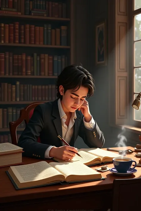 A young Paz Soldán studying in his home library, with several books open in front of him.



