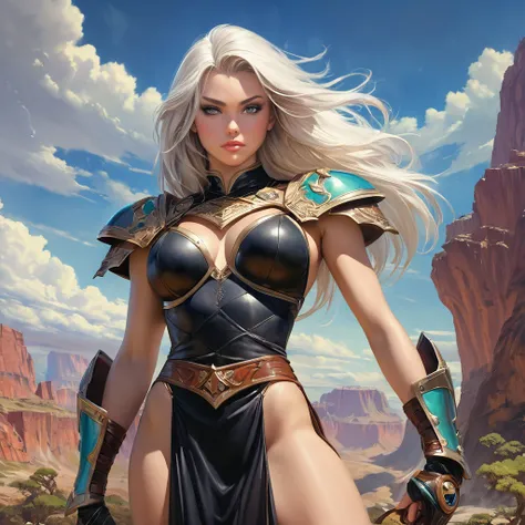 A female warrior explores an exotic landscape,  wandering many miles on her long journey, 
she maintains a sense of wonder as she gazes at her surroundings. The image should be in the  painting style of classic fantasy artists such as frank frazetta, Julie...