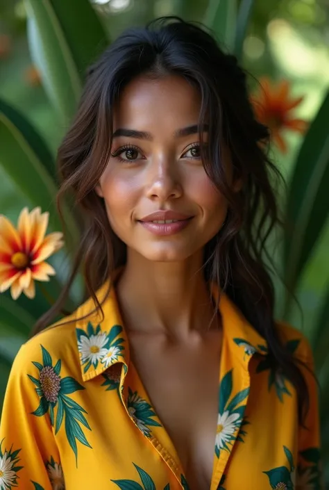 A Brazilian woman in a lush tropical garden, wearing an open shirt with a floral print, with a close-up capturing the harmonious beauty between her breasts and the natural flowers, showing off your natural charm and outgoing personality.