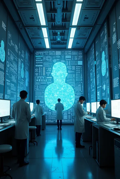 A technological room with some scientists and a screen with images of binary codes mixed with hieroglyphics 