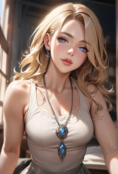 ((ultra quality)), ((tmasterpiece)), gnome girl, Short stature, ((blonde woman, hairlong)), (silver ear rings), (silver necklace around the neck), (Beautiful cute face), (beautiful female lips), Charming, ((sexy facial expression)), is looking at the camer...