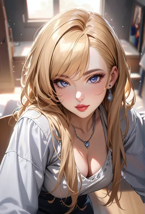 ((ultra quality)), ((tmasterpiece)), gnome girl, Short stature, ((blonde woman, hairlong)), (silver ear rings), (silver necklace around the neck), (Beautiful cute face), (beautiful female lips), Charming, ((sexy facial expression)), is looking at the camer...