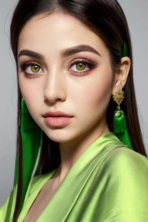 beautiful arabic girl, only face, ultra realistic, little bit of makeup, bery big lips, green eyes, straight hair, realistic face black tatoo