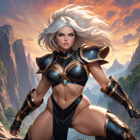 A female warrior battles an exotic creature in  mystical land. The image should be in the  painting style of classic fantasy artists such as frank frazetta, Julie bell, Boris Vallejo and brom. , a female warrior, pale skin, She has (long straight white hai...