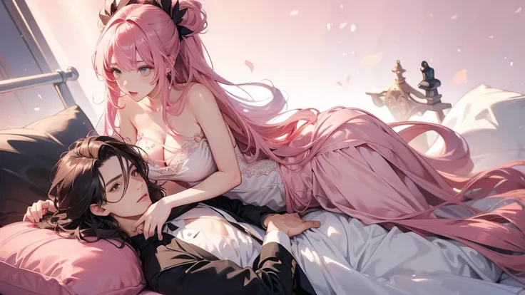 long dark haired man, very big hair, girl on top of him, girl with pink hair, passionate looks