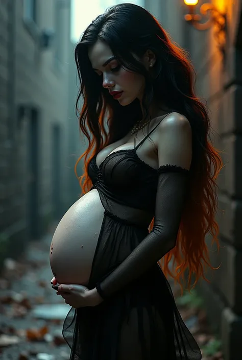 Female Pennywise with long wavy black hair and orange highlights Dracula style from Monster High,and pregnant 