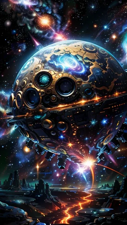 Fantasy，8k,Extremely detailed, masterpiece,High resolution,Highest quality,Increase the resolution,Cinema Lighting,Different space，4 dimensional world，Night on the Galaxy Express，Steam locomotive-type spaceship，steampunk，Large gear light blue body，A spaces...