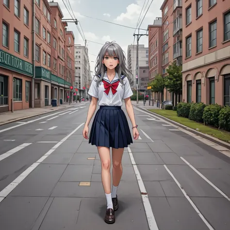 Teenager with messy gray hair walking towards the entrance of a luxurious school wearing a glamorous school uniform