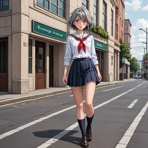 Teenager with messy gray hair walking towards the entrance of a luxurious school wearing a glamorous school uniform