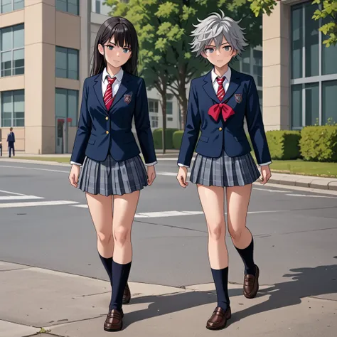 Teenager with messy gray hair walking towards the entrance of a luxurious school wearing a glamorous school uniform