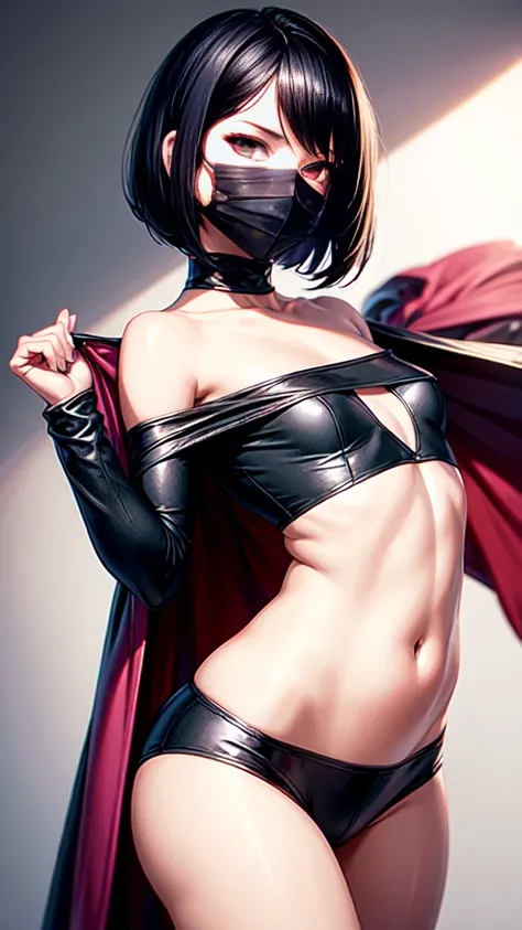 Short skinny Lana, short black hair, (flat chest), slight smile, round butt, pink heroine covering full body, bedroom background, heroine cape and mask