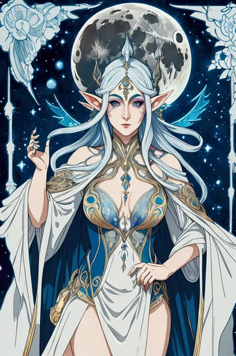 A beautiful moon elf, in an art nouveau pose, wearing sexy robes, detailed face and eyes, realistic, illustration, ultra-detailed, masterpiece, 8k, vibrant colors, dramatic lighting