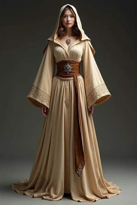 A fantasy-inspired costume for a female character designed to create a wide silhouette. The luxurious beige velvet gown has long, flaring sleeves and a hood, with a robe-like appearance. A wide brown sash is fastened beneath the chest, creating a VERY high...