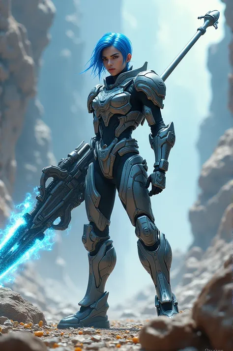 A hero with a thin body, power armor and a wave weapon with blue hair