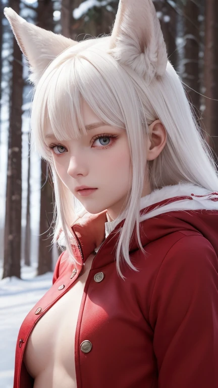 One person　Russia　(Flat Chest:1.5)(Slim body:1.5)　snow　forest（Red down coat:1） 　Red sweater　(whole body)　beauty　High resolution　High precision　（White Hair:2）　　Red eyes　Detailed face　（Wolf Cut）　Trim your bangs　Wolf ears　　(Wolf&#39;s Tail:1.5)　 Young face　(R...