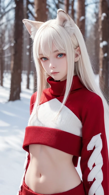 One person　Russia　(Flat Chest:1.5)(Slim body:1.5)　snow　forest（Red down coat:1） 　Red sweater　(whole body)　beauty　High resolution　High precision　（White Hair:2）　　Red eyes　Detailed face　（Wolf Cut）　Trim your bangs　Wolf ears　　(Wolf&#39;s Tail:1.5)　 Young face　(R...