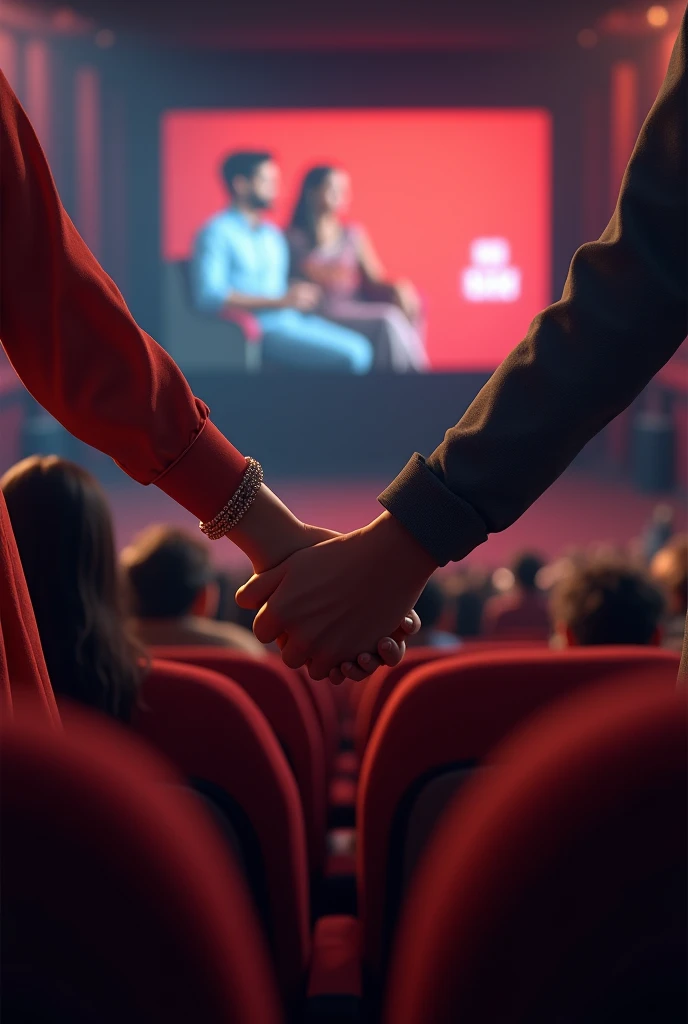 Male and femal hand holinding in theater watching stree 2 movie india that look real of teenagers indians