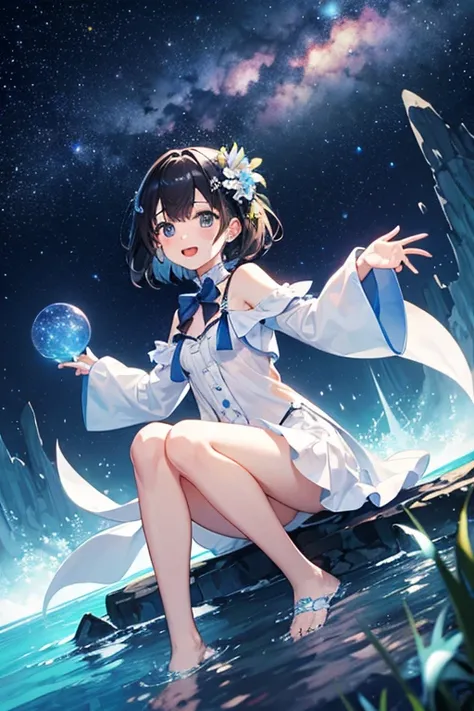 Highest quality、Black Hair、Iris、short hair、、cute、、、Small hair ornament、1 person、Sea of stars、Milky River、Beautiful starry sky、Night Sky、stroll、A happy look、