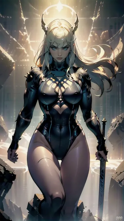 Magik of X-men, Illyana Rasputin with long white hair, piercing blue eyes, wearing a low cut unitard with high cut legs, holding a glowing magical sword, floating in a mystical realm with swirling energy, (best quality,8k,highres,masterpiece:1.2),ultra-det...