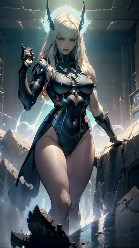 Magik of X-men, Illyana Rasputin with long white hair, piercing blue eyes, wearing a low cut unitard with high cut legs, holding a glowing magical sword, floating in a mystical realm with swirling energy, (best quality,8k,highres,masterpiece:1.2),ultra-det...