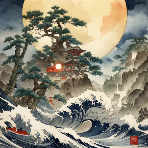 Ukiyo-e, Japanese painting, woodblock print, Watercolor, bamboo forest, A single bamboo stalk glowing golden, Fantasy,A huge red full moon in the background, (Super detailed, The absolute solution, Highest quality:1.3), 2.5D, delicate and dynamic, artistic...