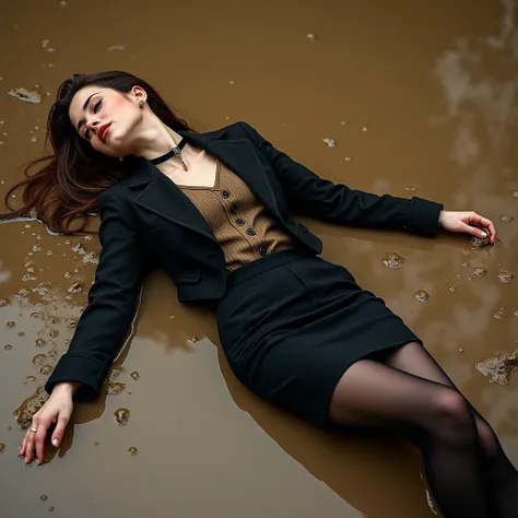 A super realistic photo of one business lady, exuding a slender, model-like appearance with long hair. She is dressed in long and black and torn business pencil skirt made from cotton and wool fabric, black and muddy business jacket made from cotton and wo...