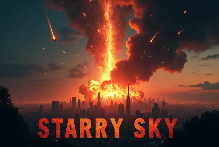 The words "Starry Sky" written in large letters at the bottom of the screen, ((masterpiece, highest quality, Highest image quality, High resolution, photorealistic, Raw photo, 8K)), ((Extremely detailed CG unified 8k wallpaper)), Disaster movie poster, met...