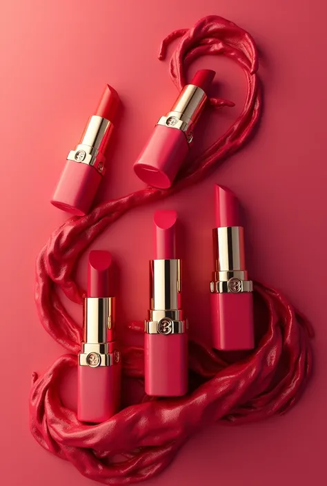 Labiales q tengan el logo de un beso escrito en  el color del labial para publicidad pero el fondo del color de los labiales (solo labiales menos personas) y q se esten cayendo