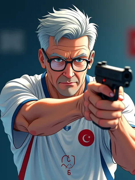 1 middle aged man,gray hair,target shooting pose,air pistol 10 meters,white jersey,casual design,olympic games logo,turkey flag,prescription glasses,mid shot,determined expression,anime art style,detailed pose,detailed attire,dynamic scene,visually engagin...