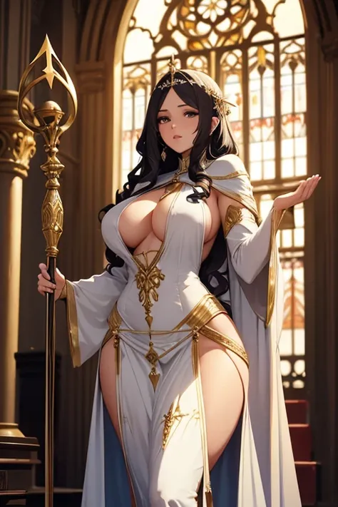 sexy woman, priestess, voluptuous, hourglass body, medieval fantasy, cathedral, dim light, praying, long curly hair, staff, white and gold clothes, detailed, sideboob