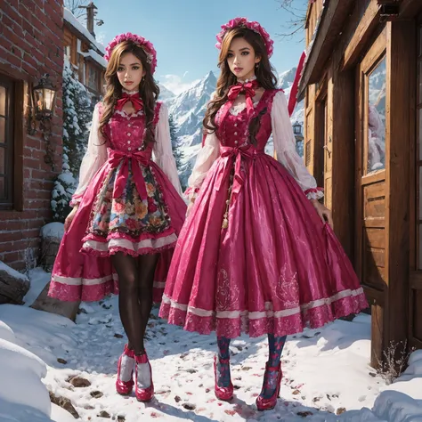 Model figure, long-legged woman, A woman in a luxurious and elaborate lolita dress, wearing lolita mary jane shoes with ornate details, patterned tights, standing on a snowy mountain, with reflective skin and reflective clothing, venusbody, full body shot,...