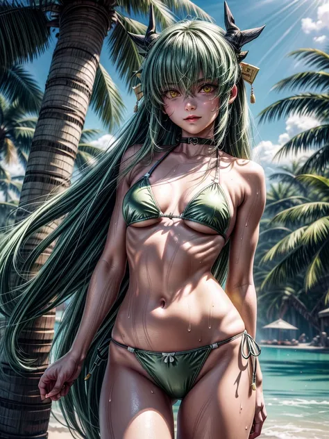 kiyohime, (green hair:1.4), (yellow eyes:1.4), long hair, (small breasts:1.6), muscular Female, thicc thighs, curvy hips, tanlines, swimsuit mark,
BREAK, (bikini:1.4),
BREAK looking at viewer, at beach, (sweaty body), ((smirk)), (sweaty:1.3), (from below),...