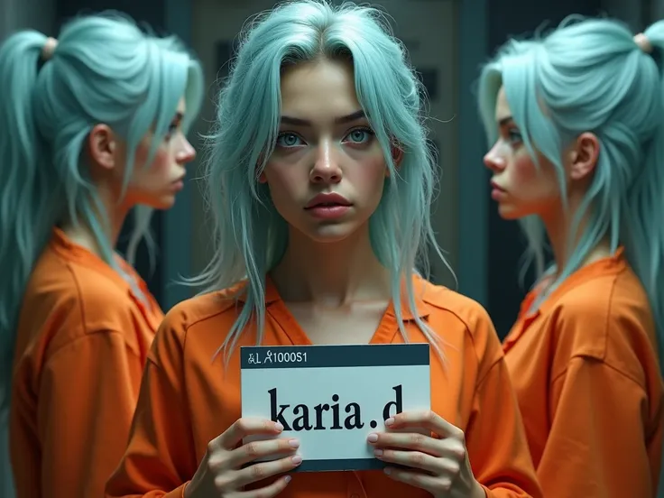 biracial latina woman, no make up, tired, messy long light blue hair, light blue eyes,large breasts, mug shot, wear orange inmates ,Résolution Haute,hold Identification panel with "Karia.D" write on it, De Côté, Vues Multiples, photorealistic