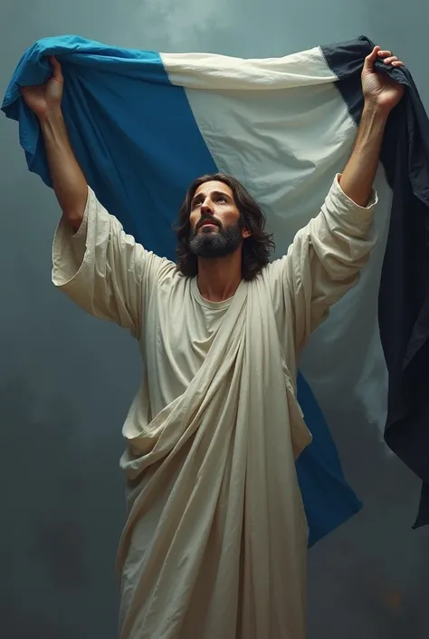 Jesus with tricolor flag in blue white and black
