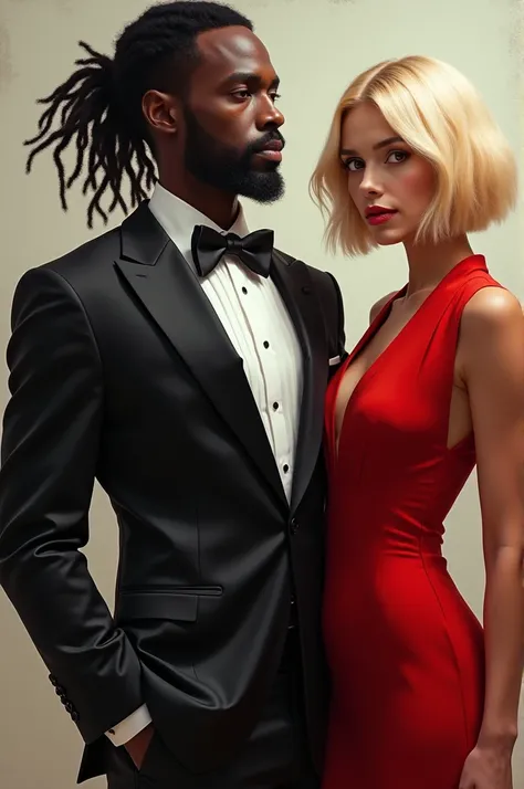  clearing! Imagine two people, a black man with an imposing and confident posture.. He is elegantly dressed in a well-tailored tuxedo, that highlights his striking presence. His hair is styled in dreadlocks, Carefully groomed, adding a touch of personality...