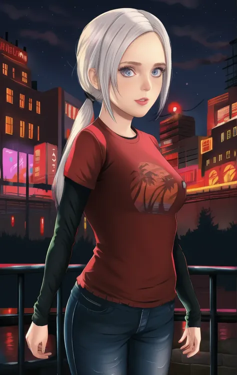 red shirt, long sleeves, standing, twintails, neon lights, night, looking at viewer, large breasts, blue jeans, solo, edelgardac...