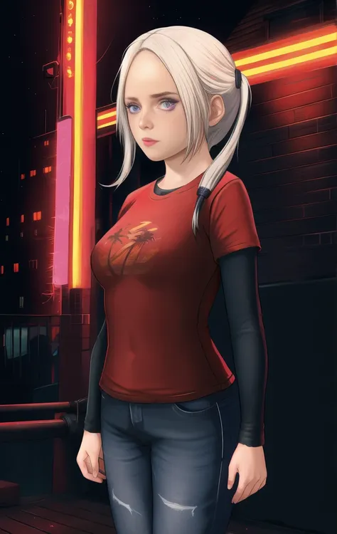 red shirt, long sleeves, standing, twintails, neon lights, night, looking at viewer, large breasts, blue jeans, solo, edelgardac...