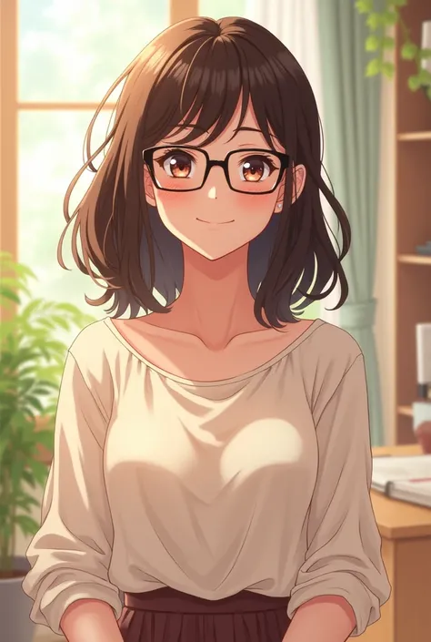 A 32-year-old mother,  who wears black glasses, young appearance, medium short brown hair not so dark and cut in layers. Very kind and affectionate. Who wears loose classic clothing. Anime or Fanart version