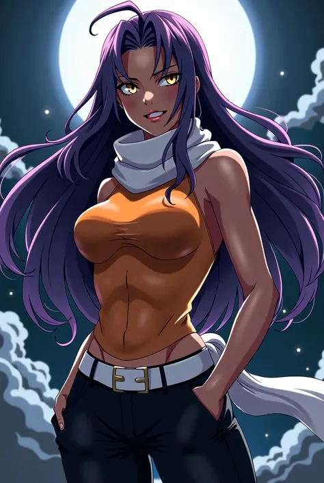 Create an anime-style image of Yoruichi Shihōin from Bleach. She should be depicted in her humanoid form, showcasing her athletic and agile physique. Yoruichi has dark skin, long purple hair that flows down her back, and striking golden eyes. Her outfit sh...