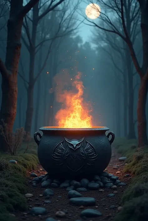 iron cauldron with an owl and a pentagram in relief, catching fire in the middle of the dense forest on a very dark night