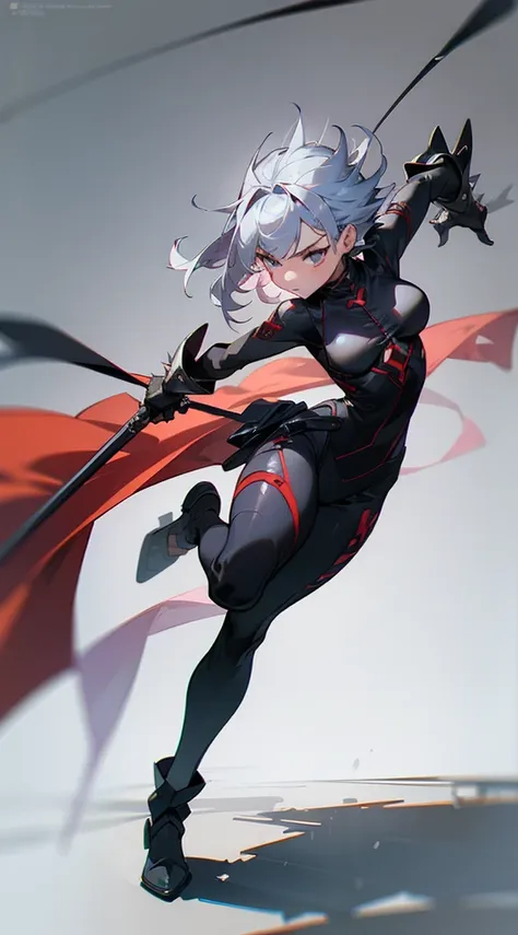 (((masterpiece, best quality, high detailed, 16k))) (1girl) A cunning assassin with short, spiky silver hair and cold, calculating grey eyes. She wears a tight, black leather outfit with red accents that allow her to blend into the shadows. Her weapons of ...