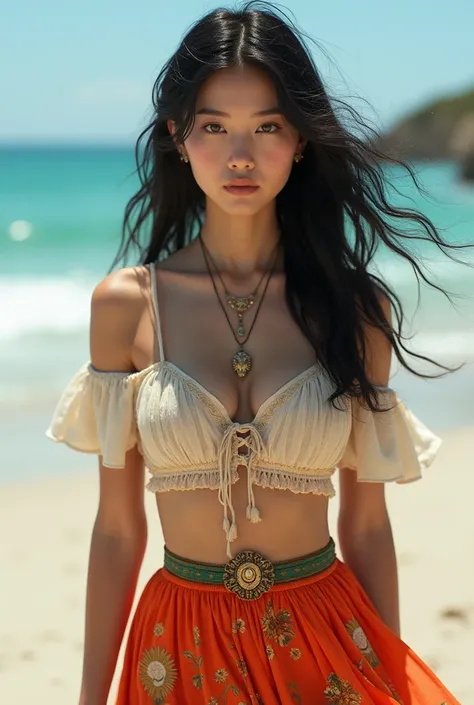 A young and beautiful Korean woman with curly hair, wearing a skirt similar to those of Spanish gypsies, standing by a beach where no other people are visible. Please ensure that the characters face remains consistent across all images provided.