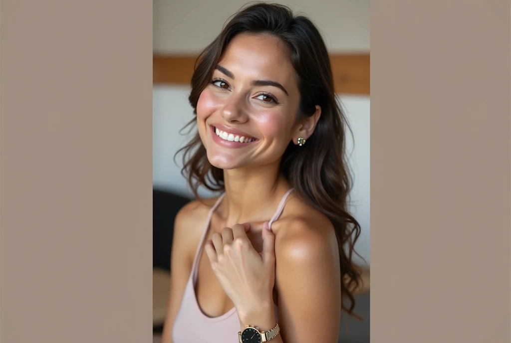 There is a beautiful smiling woman sitting at a table with a watch on her wrist, pose casual, sitting at a table, lorena avarez, Shes sitting casually, Carla Ortiz, ela tem cerca de 30 years de idade, taken in the early 2020s, sitting at a table cor de moc...