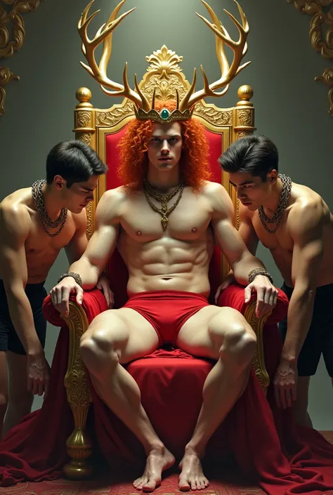 A man with a masculine face, pinkish white skin, a body structured like red underwear, natural red curly hair , 
 very handsome sitting on a golden throne with two other young men at his side with chains around their necks like the devil card in the tarot ...