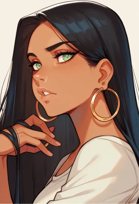 one spanish girl, tanned, black hair, straight hair, long hair, light green eyes, eyelashes, retrato, golden hoop earrings,