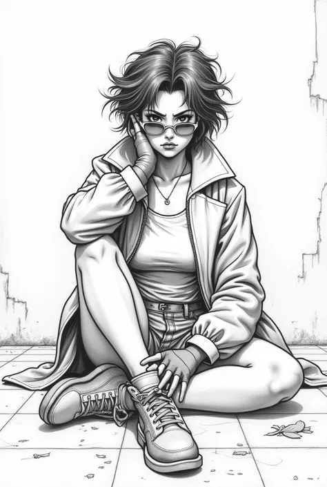 Visualize the X-Men character JUBILEE as a pencil drawing in the style of comic artist Jim Lee.
Shoe should sit on the ground pouting. JUBILEE is an Asian teenage with short hair, a coat, long gloves and denim shorts and a 80s syle sunglasses which has the...