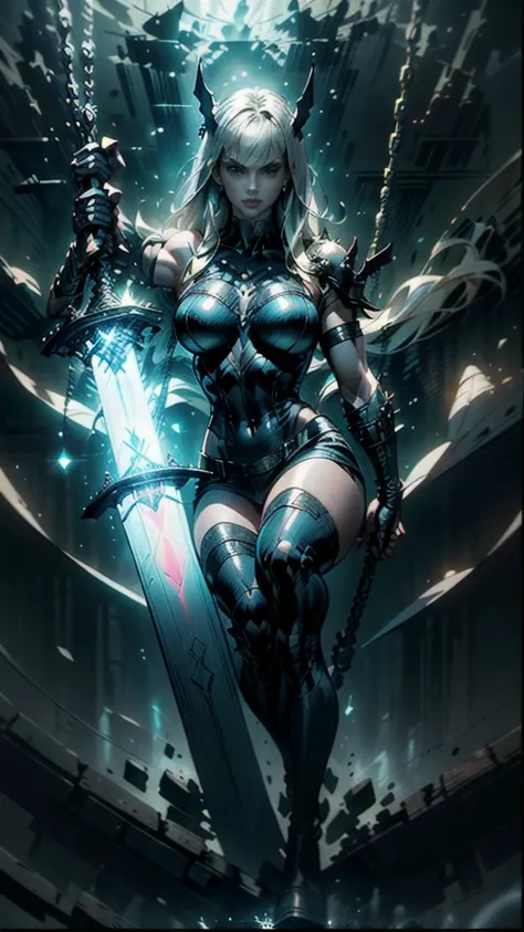 (full body portrait), magik of x-men, illyana rasputin with long white hair, piercing blue eyes, wearing a low cut unitard with ...