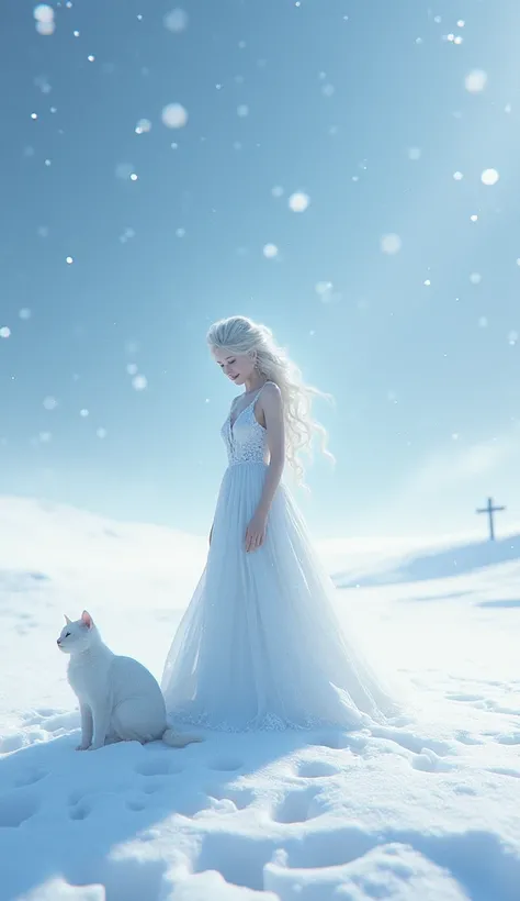 A vast snowy field, Goddess of the Eyes, high resolution, Beautiful Snow Maiden, Flower of the eye,  Snow flurries are fluttering, 8k, happy smile, white cat